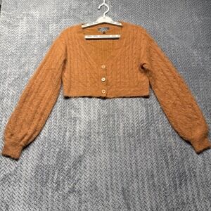 Blue Blush Cropped Cable Knit Cardigan Small Brown/Orange Button Cozy Chic Fuzzy